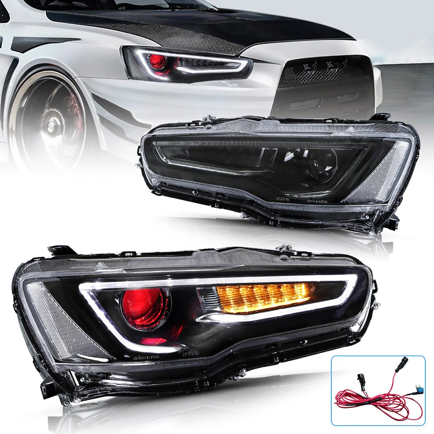 Fari per proiettori Demon Eye per Mitsubishi Lancer EVO X 2008-2018 (proiettore a doppio raggio. Versioni LHD e RHD)