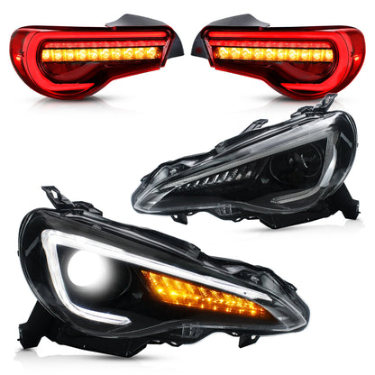 Set di fari per proiettori a doppio raggio e luci posteriori completamente a LED per Toyota 86 GT86 2012-2020 Subaru BRZ 2013-2020 Scion FR-S 2013-2020 (Edizioni LHD e RHD sui fari. Stili rossi chiari e fumé sui fanali posteriori)