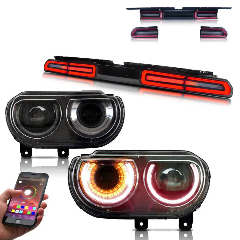 Halo LED Headlights (RGB) + Taillights for Dodge Challenger 2008-2014 