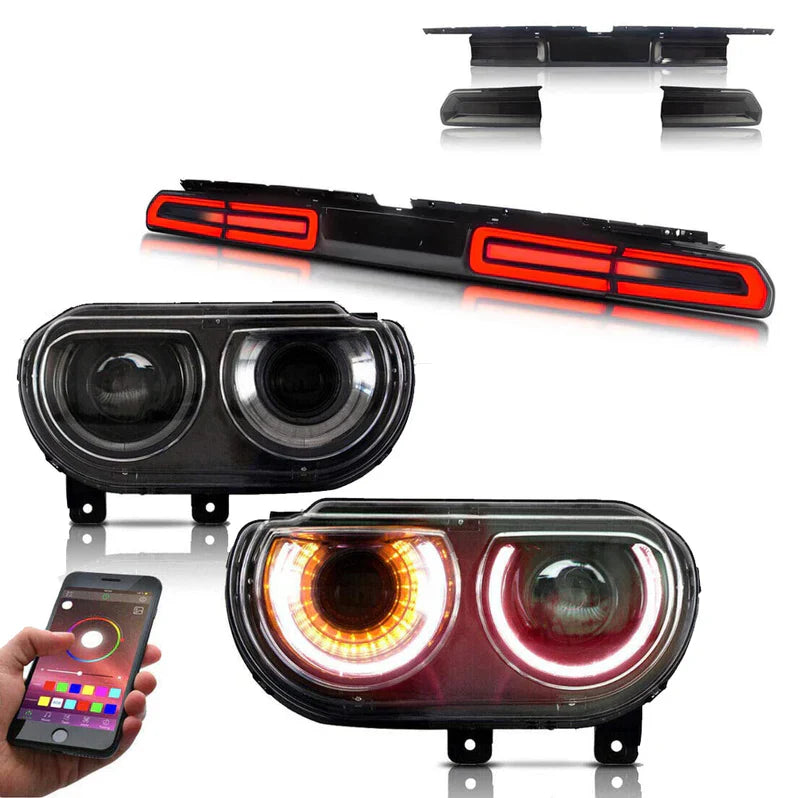 Halo LED Headlights (RGB) + Taillights for Dodge Challenger 2008-2014 