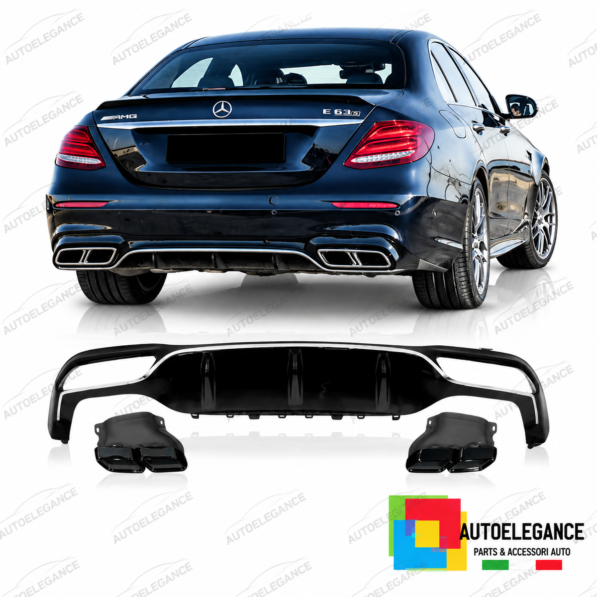 DIFFUSORE ADATTO PER MERCEDES W213 4P LOOK AMG E63 + TERMINALI DI SCARICO NERI