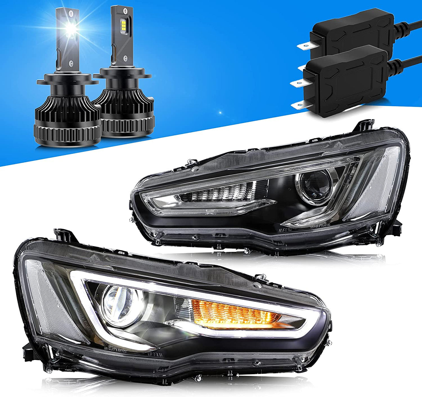 Dual Beam Headlights + D2S LED Bulbs for Mitsubishi EVO X &amp; Lancer 2008-2020 【Bulbs Included】 