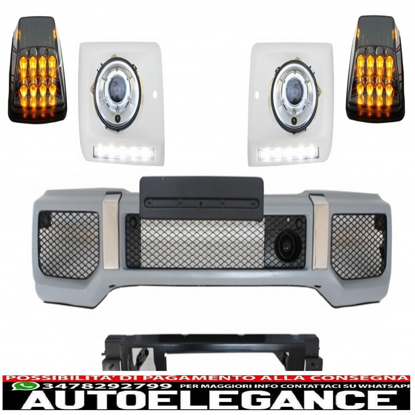 Paraurti anteriore con coperture fari led drl adatto per mercedes classe g w463 (1989-up) fari anteriori cromati e indicatori di direzione design g65