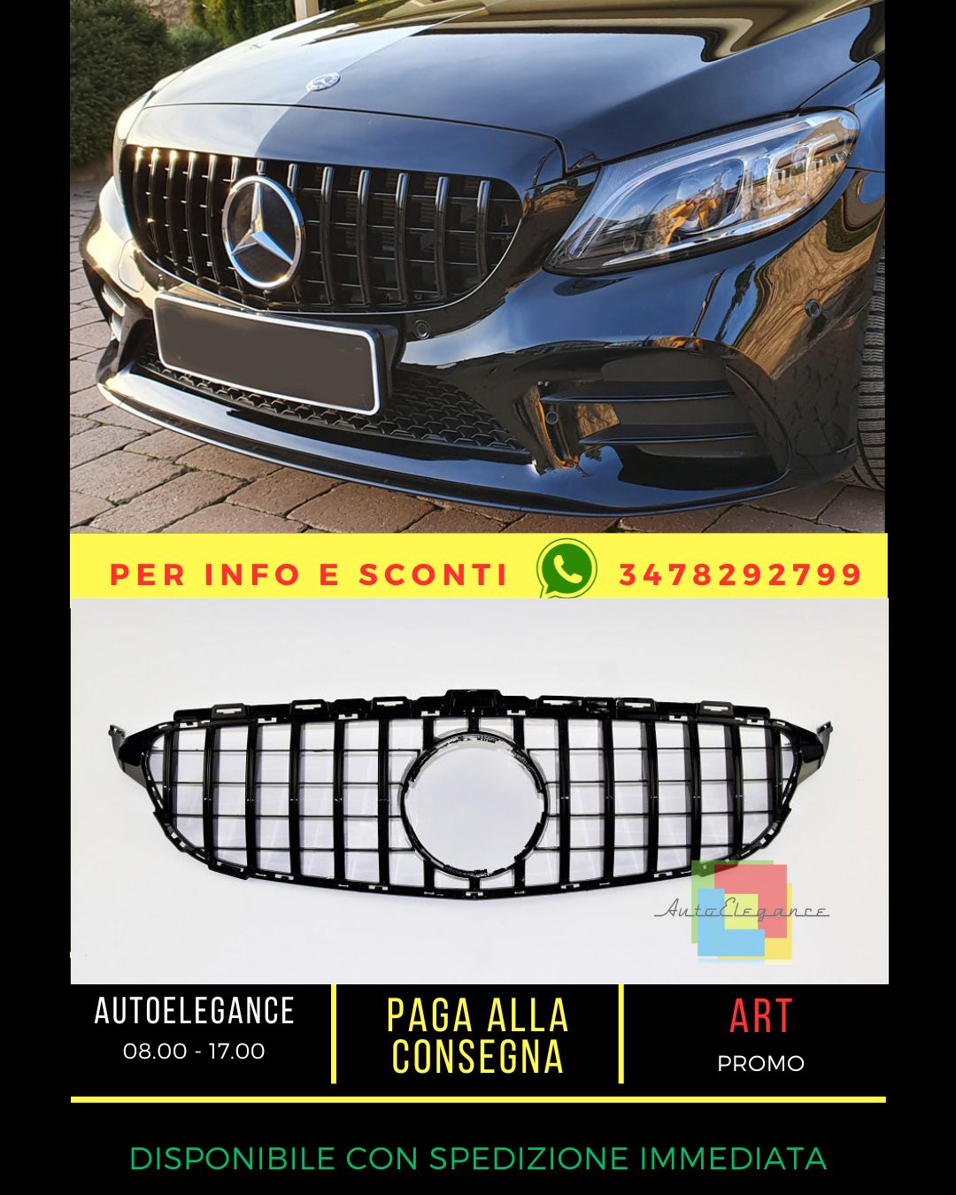 🔥GRIGLIA NERO LUCIDO adatta PER Mercedes C class W205 2015-2017🔥