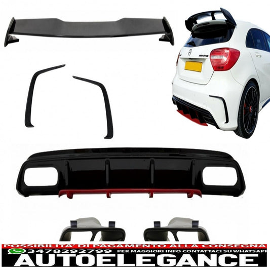 diffusore posteriore e terminale di scarico nero con alette splitter e spoiler sul tetto adatto per mercedes classe a w176 (2012-2018) a45 restyling design edizione rossa