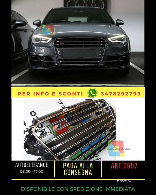 ⭐GRIGLIA PER AUDI A3 8V 2012-2016 LOOK S3 NERA PROFILI CROMATI ⭐