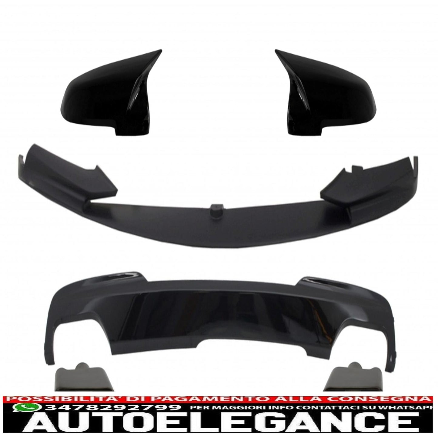 Labbro spoiler paraurti anteriore con coperture specchietti, diffusore e terminali marmitta di scarico neri adatti per BMW Serie 5 F10 F11 Sedan Touring (2015-2017) Design M-Performance