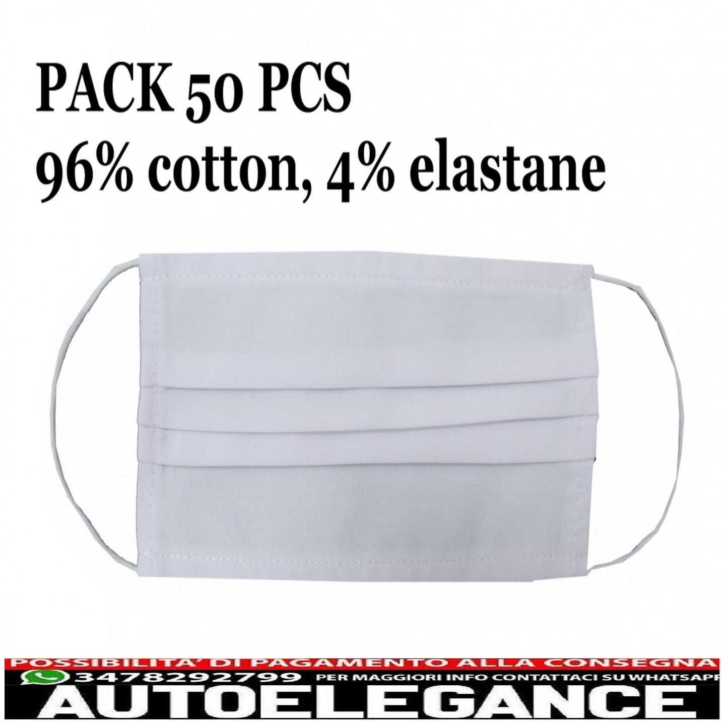 confezione da 50 mascherine riutilizzabili con pieghe 96% cotone e 4% elastan 2 strati unisex lavabili AUTOELEGANCERICAMBI