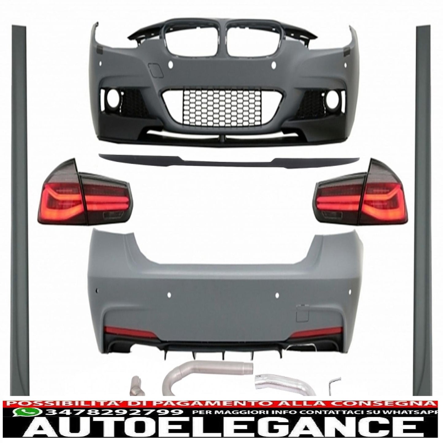 complete body kit suitable for bmw 3 series f30 (2011-2019) m-performance design with piano black trunk spoiler and dynamic red smoke led rear lights 