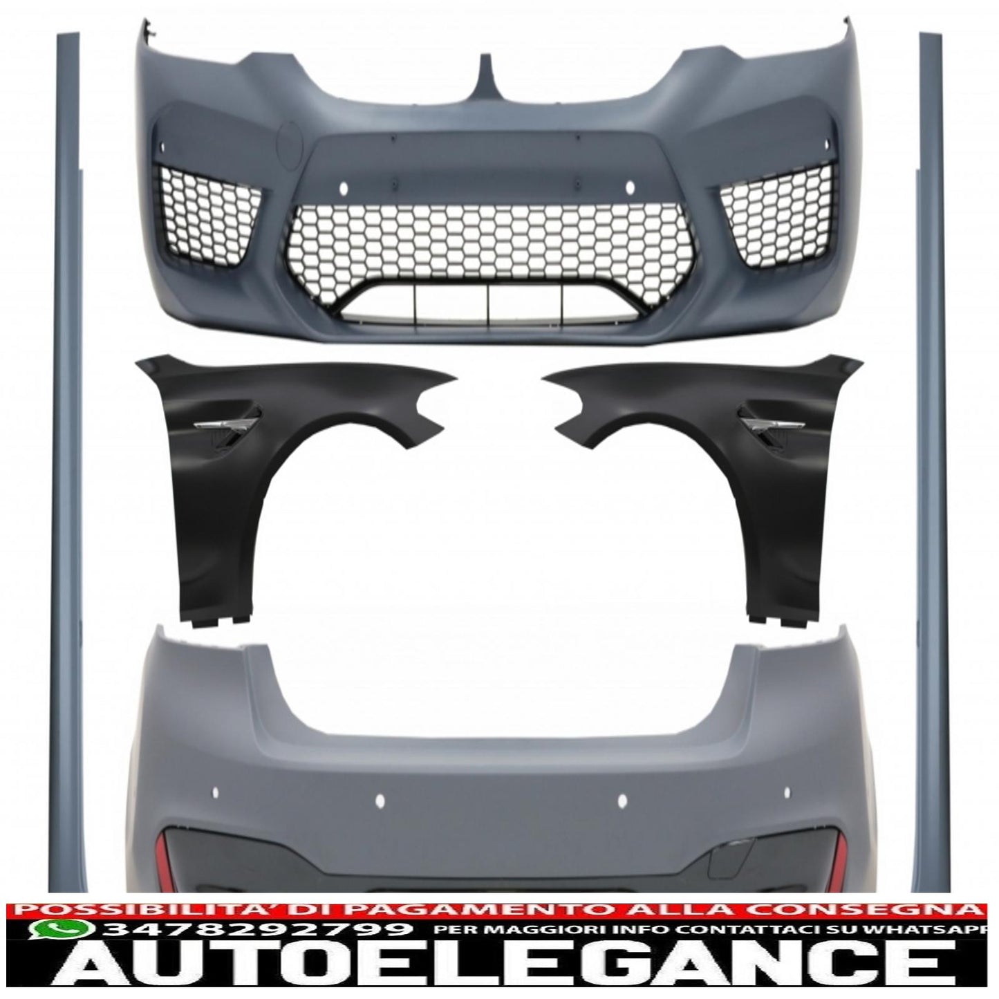 kit carrozzeria completo adatto per limousine BMW Serie 5 G30 (dal 2017 in poi) con parafanghi anteriori design M5 cromati
