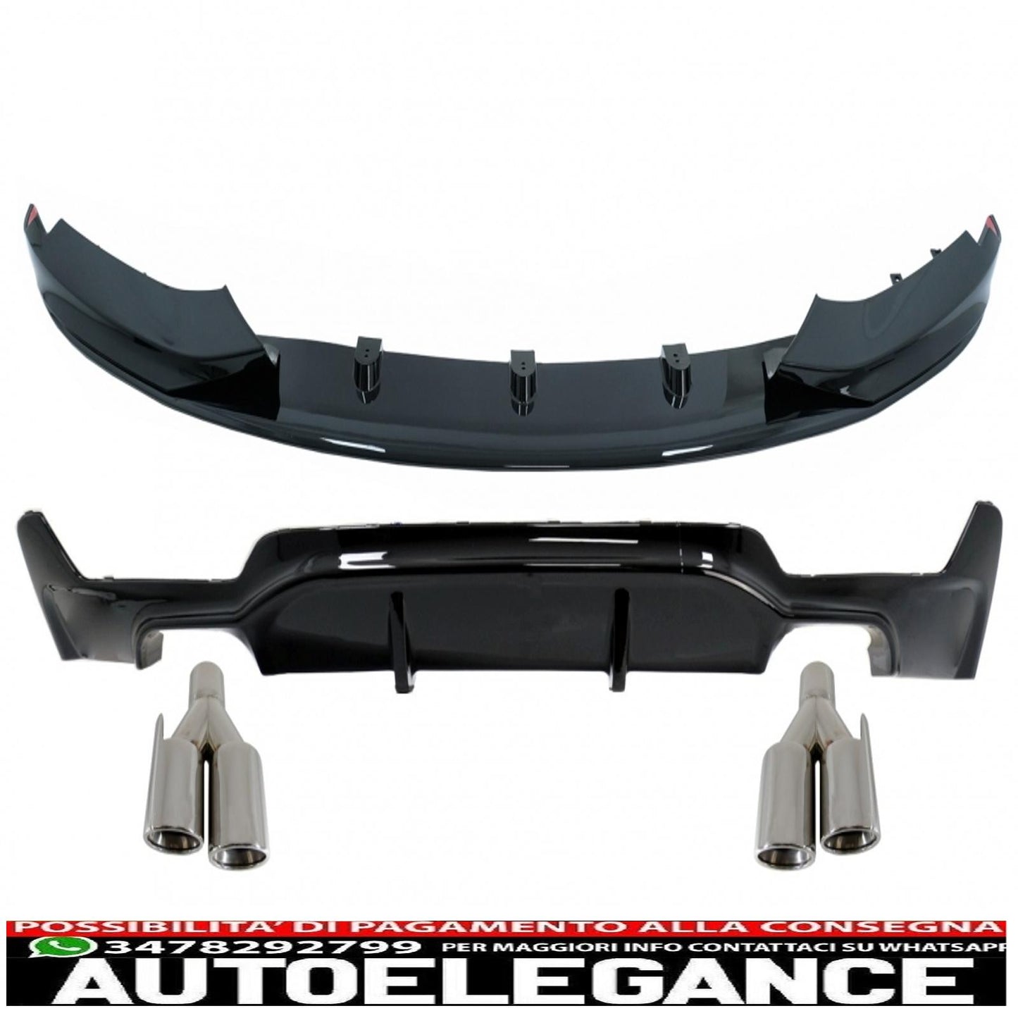 Front Bumper Spoiler Lip with Rear Bumper Diffuser Double Dual Outlet and Exhaust Tips Suitable for BMW 4 Series F32 F33 F36 Coupe Cabrio Grand Coupe (2013-03.2019) m-performance design