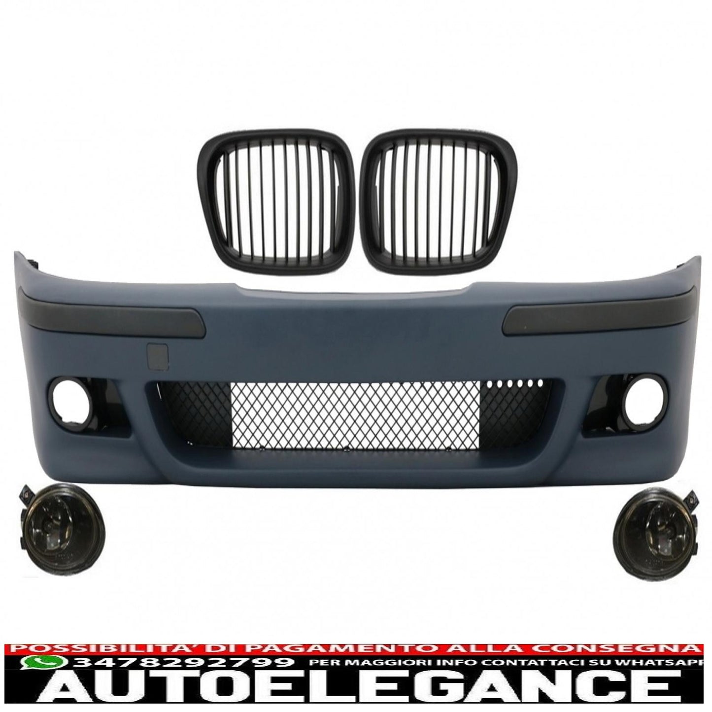 Paraurti anteriore con griglie centrali nero opaco e fendinebbia lente fumé adatto per bmw serie 5 e39 1995-2003 design m5