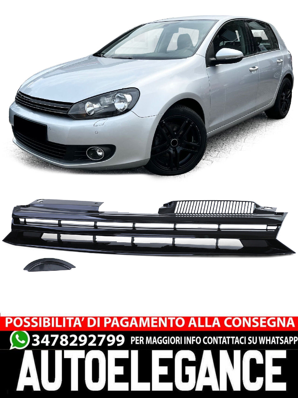 Griglia senza emblema nero lucido aftermarket compatibile con VW Golf 6 08-12