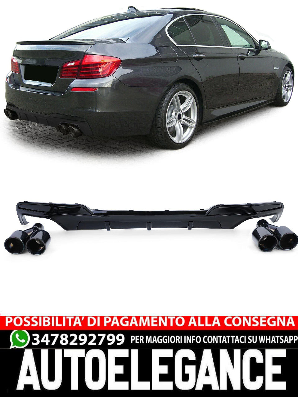 Diffusore Posteriore Lucido+Terminali di Scarico 4 Tubi Performance Look compatibile per BMW F10 F11 535