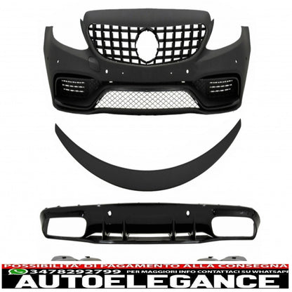 paraurti anteriore adatto per mercedes classe c c205 a205 coupe cabriolet (2014-2019) griglia anteriore gt-r panamericana con spoiler per bagagliaio e paraurti posteriore diffusore a mantovana design c63s punte argentate
