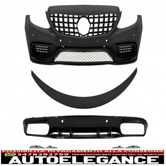 paraurti anteriore adatto per mercedes classe c c205 a205 coupe cabriolet (2014-2019) griglia anteriore gt-r panamericana con spoiler per bagagliaio e paraurti posteriore diffusore a mantovana design c63s punte argentate