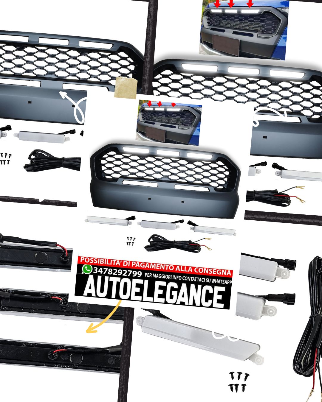 Griglia a nido d'ape Sport nera con LED per Ford Ranger T7 16-19 2.2 3.2