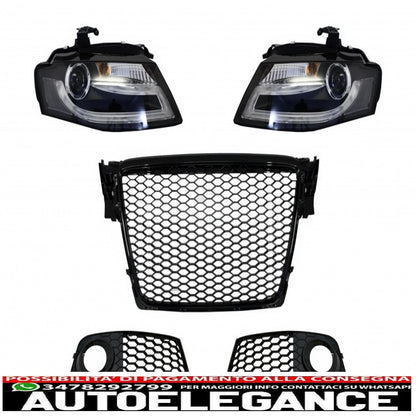 front grille without badge with fog lamp covers and led drl headlights suitable for audi a4 b8 8k (2008-2011) rs design piano black