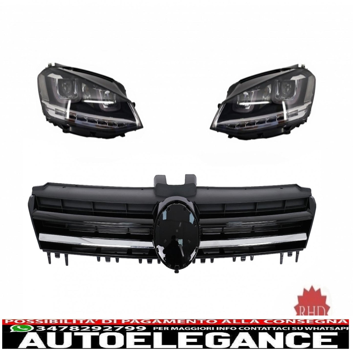 right led headlights dynamic sequential direction lights with central grille suitable for vw golf 7 vii (2012-2017) r-line design chrome inserts