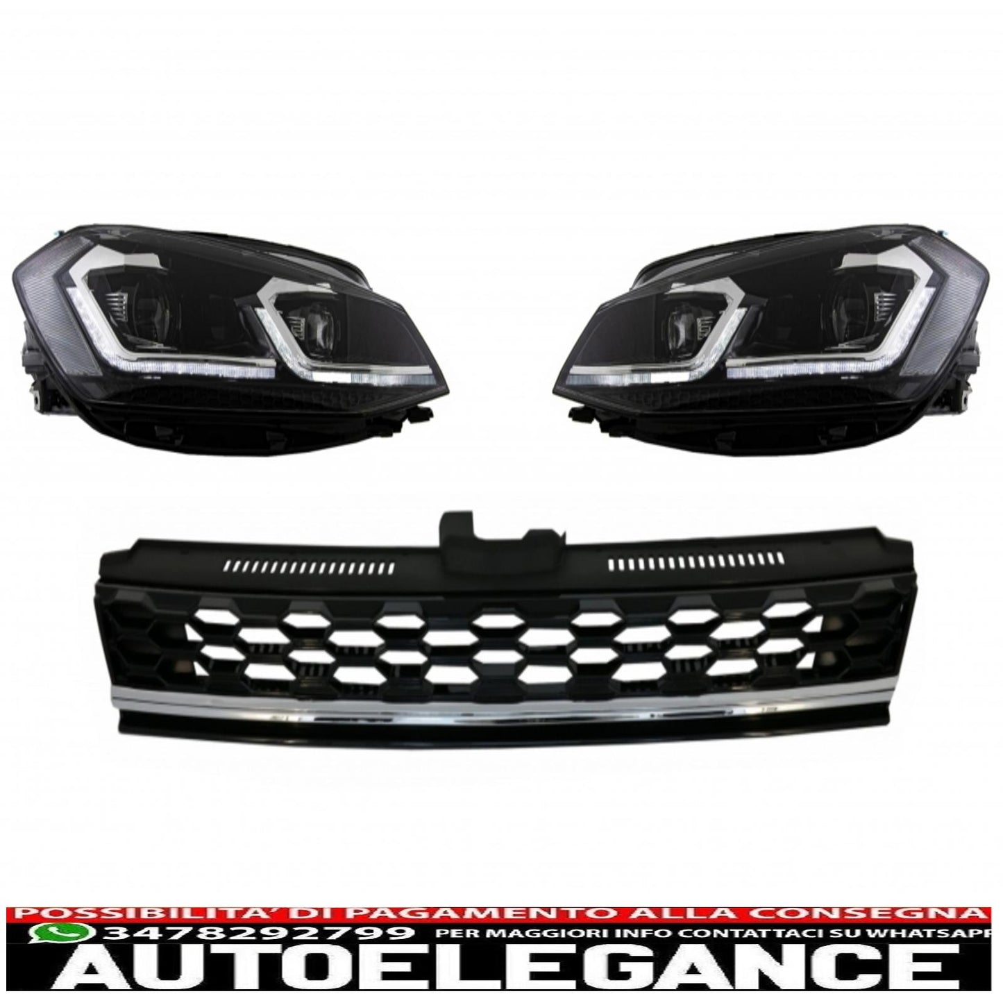 badgeless central grille with LED headlights sequential dynamic cornering lights suitable for vw golf 7.5 facelift (2017-up) gti design chrome