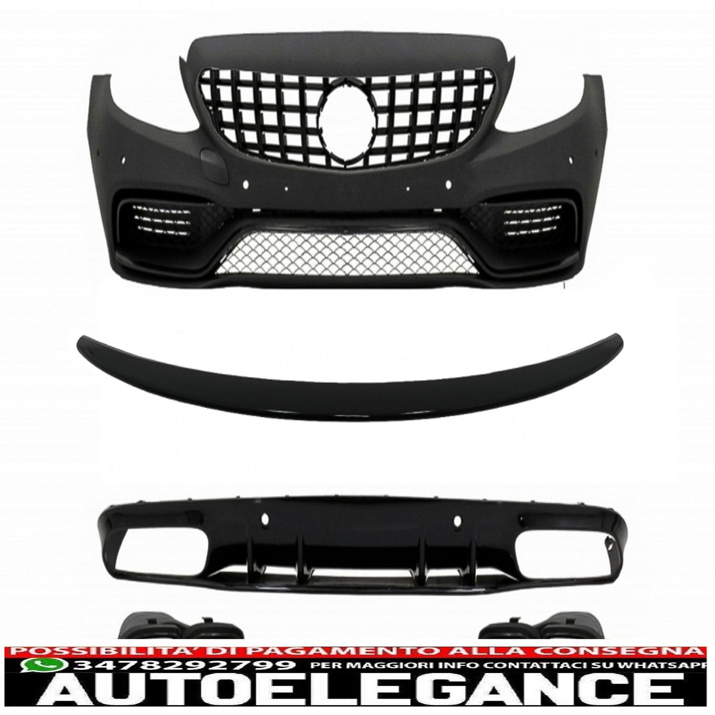 Paraurti anteriore adatto per mercedes classe c c205 a205 coupe cabriolet (2014-2019) con spoiler per bagagliaio e diffusore a mantovana per paraurti posteriore design c63s tutto nero