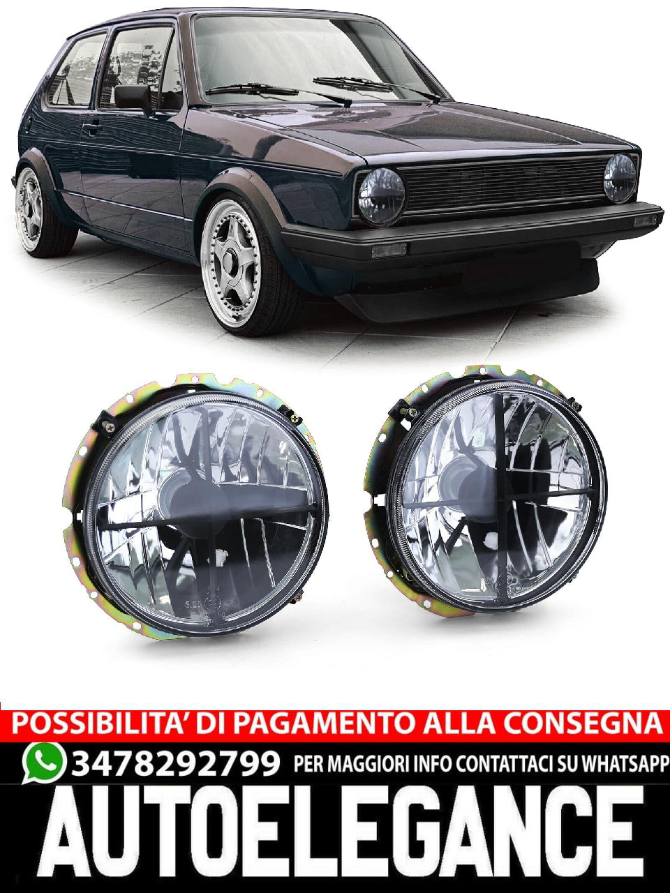 Faro in vetro trasparente fumè nero con reticolo compatibile per VW Golf 1 + Cabrio 74-83