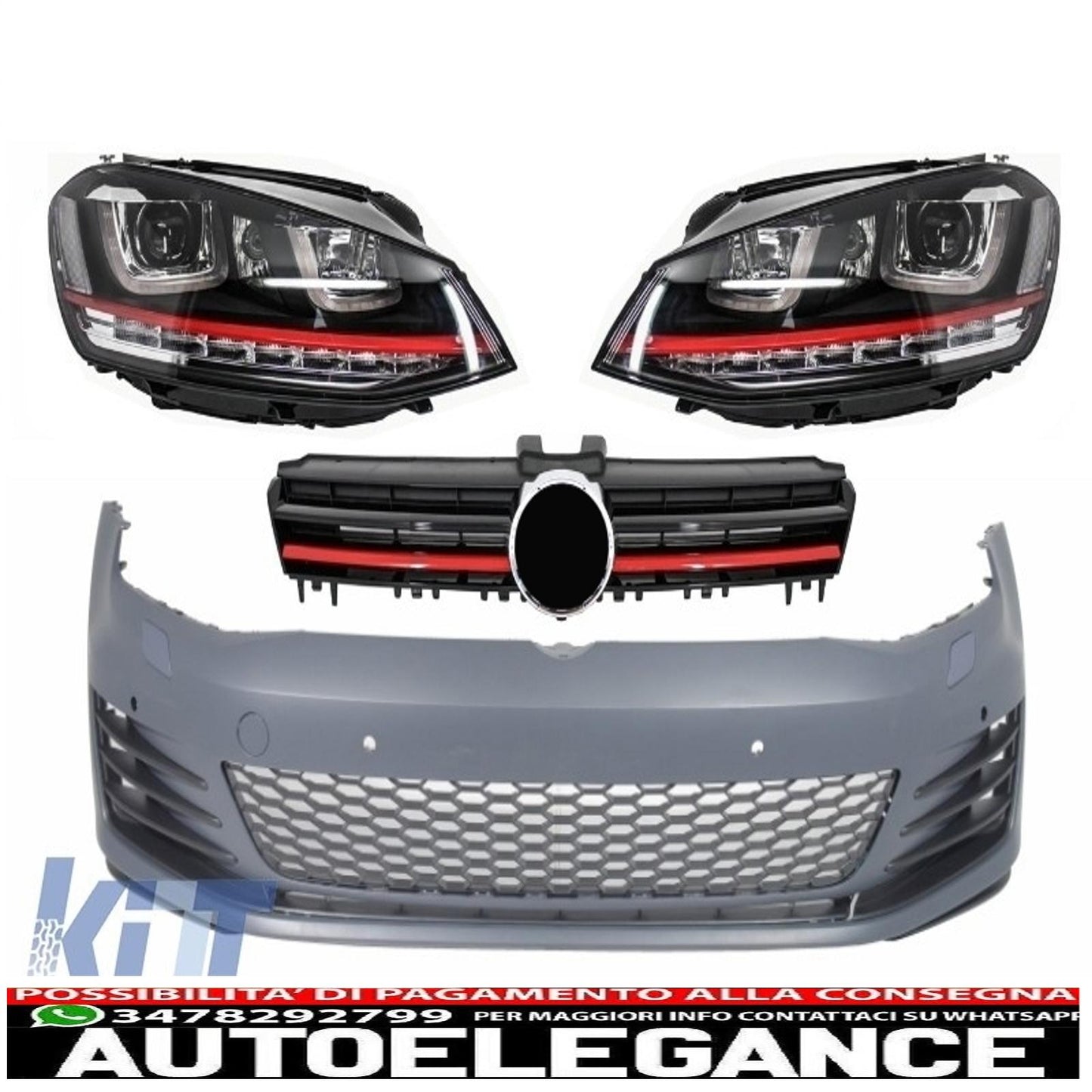 Paraurti anteriore adatto per vw golf vii golf 7 dal 2013 in poi gti look con fari 3d led rossi drl indicatori di direzione e griglia