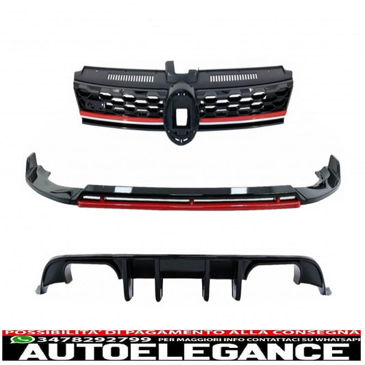 Spoiler di estensione del labbro del paraurti anteriore con griglia centrale senza badge e diffusore posteriore adatto per VW Golf 7.5 Facelift (2017-2020) Piano Black & Red