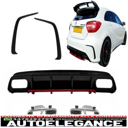 diffusore posteriore con terminali di scarico cromati e alette splitter adatto per mercedes classe a w176 (2012-2018) a45 facelift design red edition