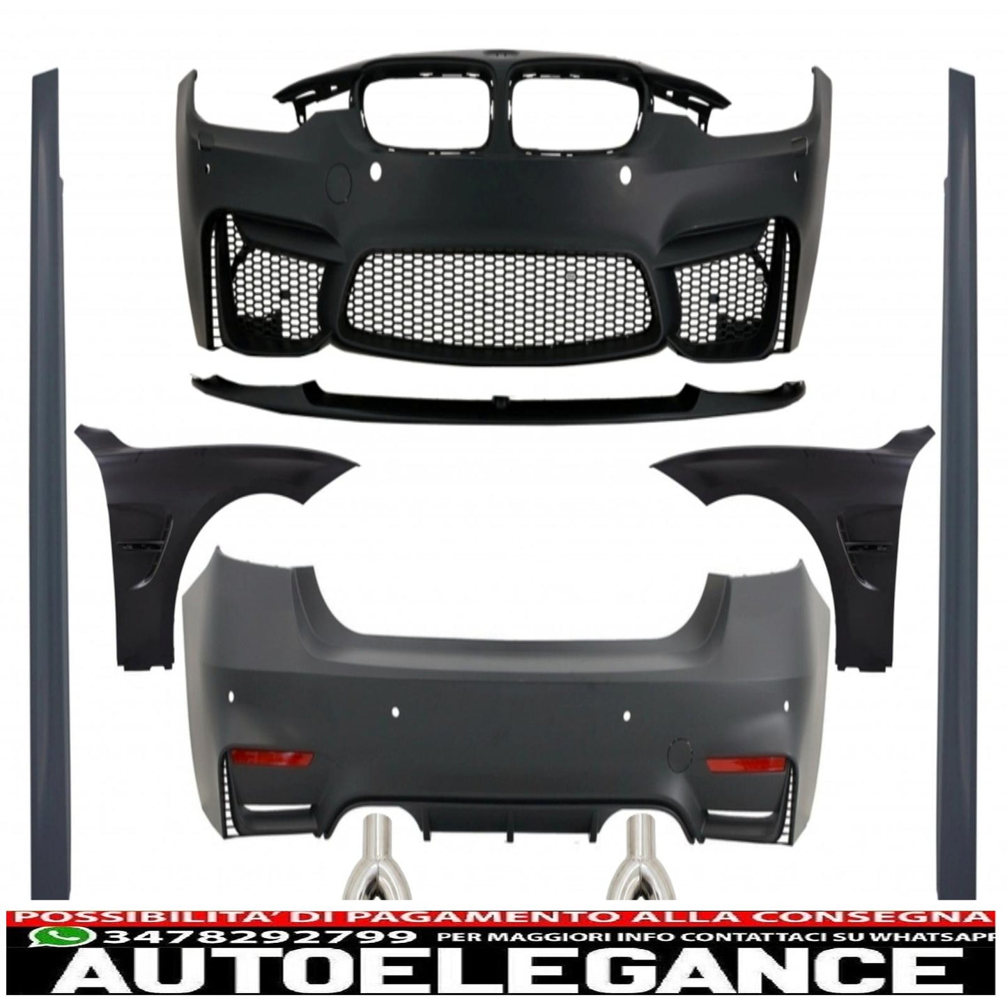 Full body kit with carbon fiber exhaust tips and black front fenders suitable for bmw f30 (2011-2019) evo ii m3 cs style without fog lights 