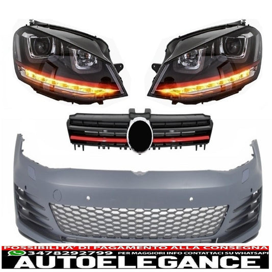 Paraurti anteriore adatto per vw golf vii golf 7 dal 2013 in poi gti look con fari 3d led drl indicatori di direzione e griglia rossi fluenti