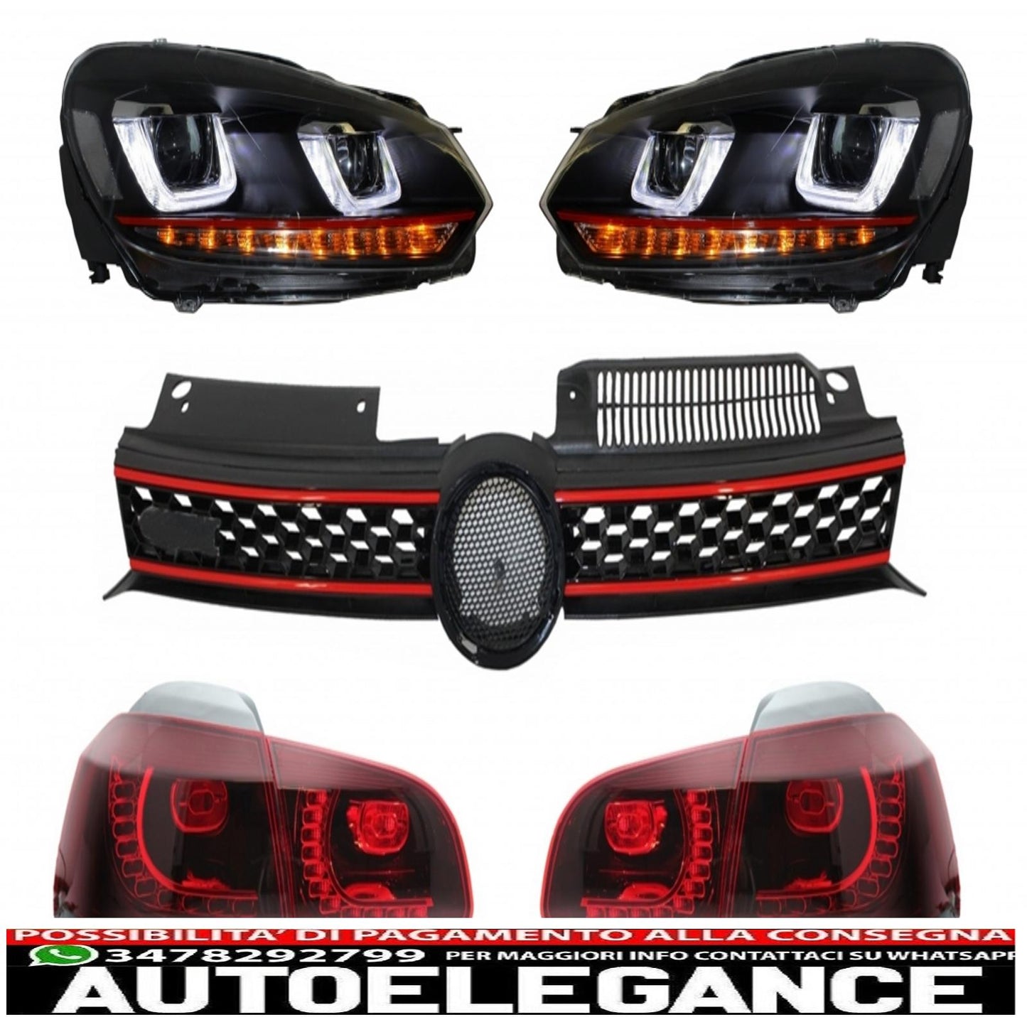 central grille suitable for vw golf 6 vi (2008-2012) with led drl u-design headlights and full led rear lights 