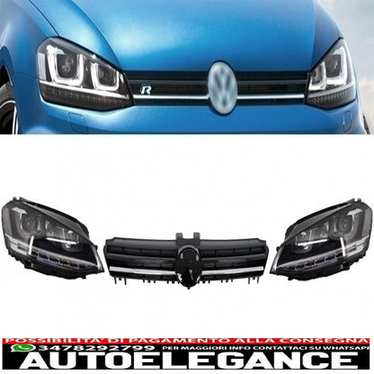 3d led assembly headlights dynamic sequential turn signals fluid drl with grille suitable for vw golf 7 vii (2012-2017) silver look r-line