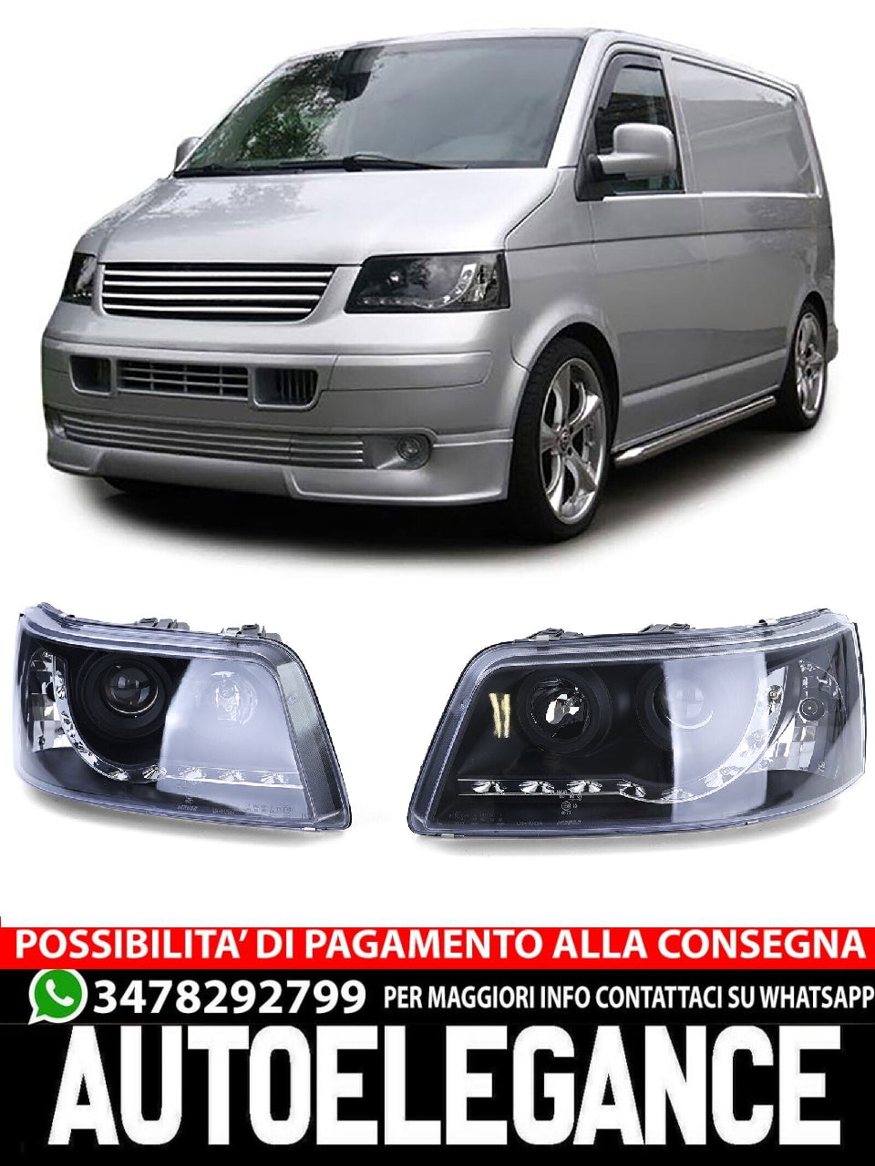 Fari con luci di marcia diurna a LED in ottica nera aftermarket compatibile con VW Transporter Bus T5 03-09