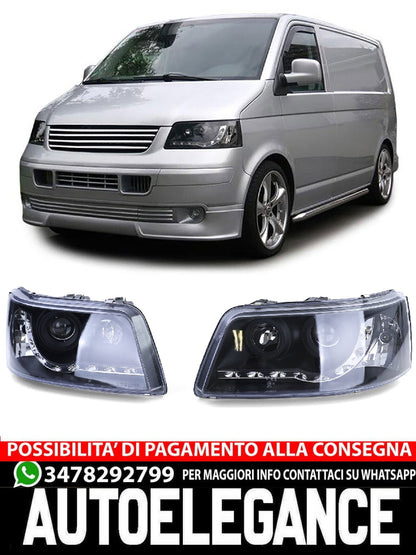 Fari con luci di marcia diurna a LED in ottica nera aftermarket compatibile con VW Transporter Bus T5 03-09