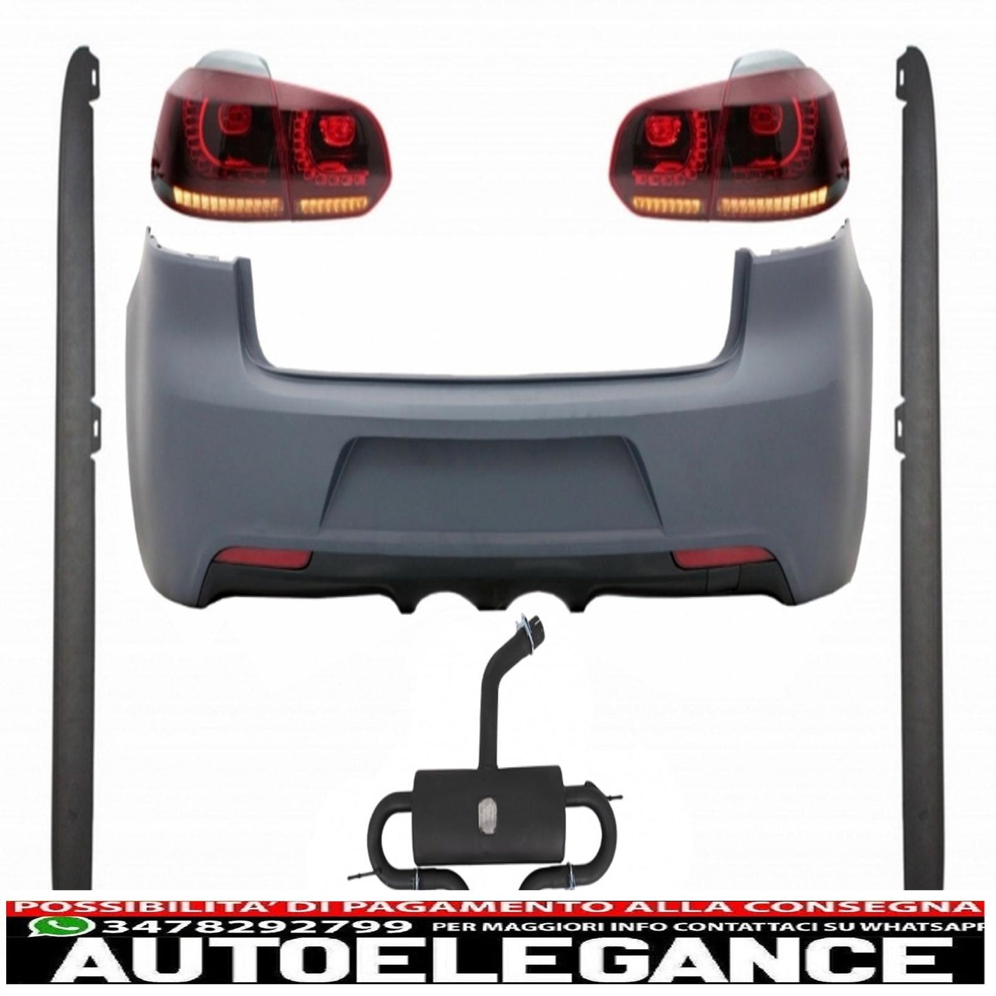 rear bumper with exhaust system suitable for vw golf 6 vi (2008-2013) side skirts and rear lights design r20 full led cherry red with dynamic sequential direction indicators (left and right)