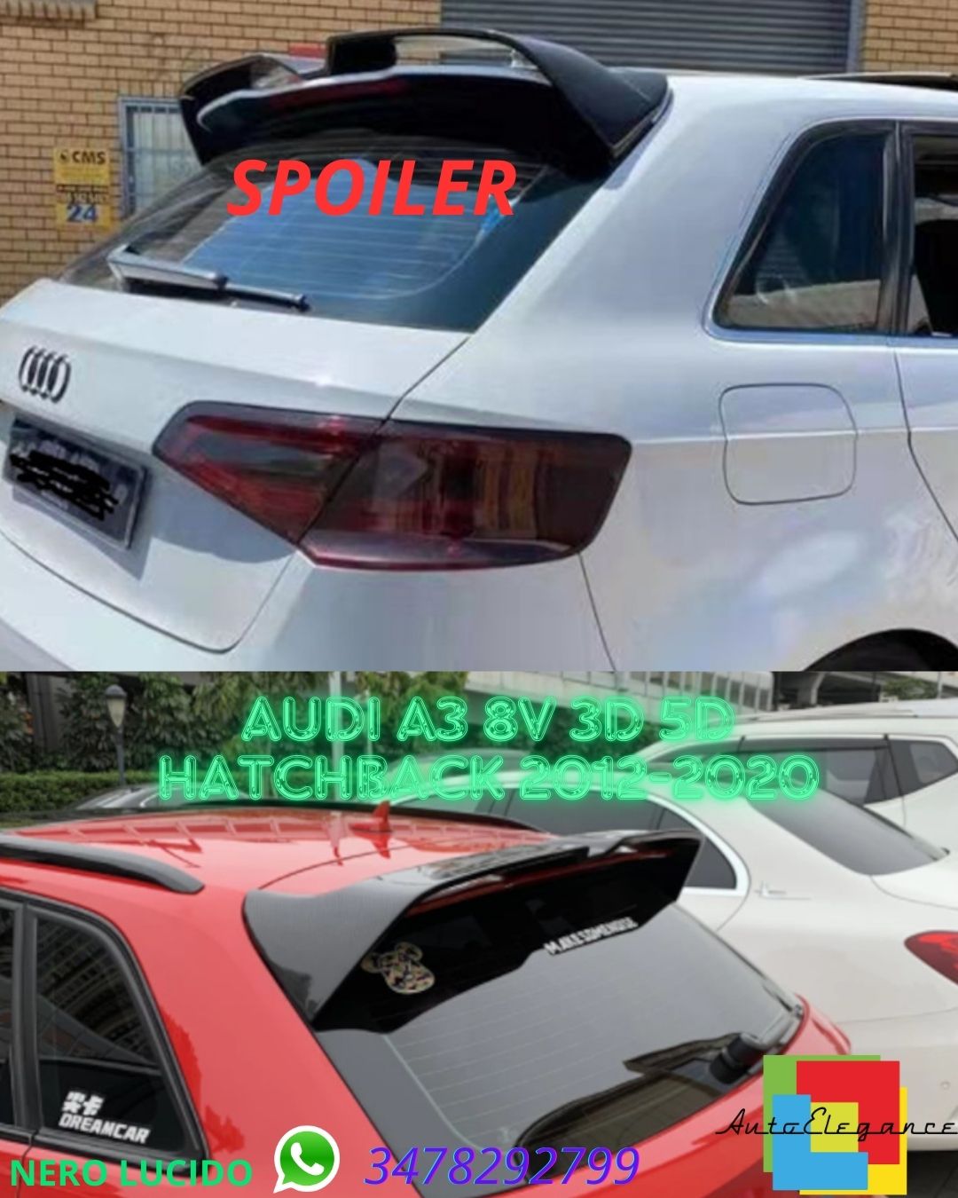 ✨SPOILER nero lucido adatto per AUDI A3 8V 3D 5D Hatchback 2012-2020✨
