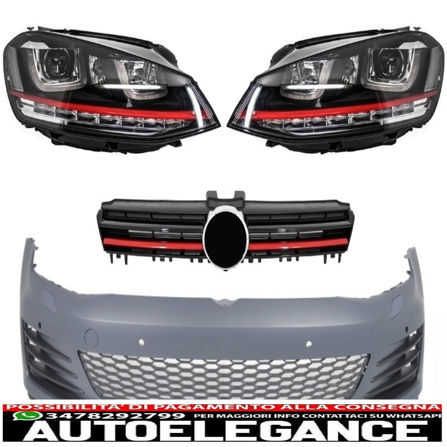 Paraurti anteriore adatto per vw golf vii golf 7 dal 2013 in poi gti look con fari 3d led dlr rossi e griglia