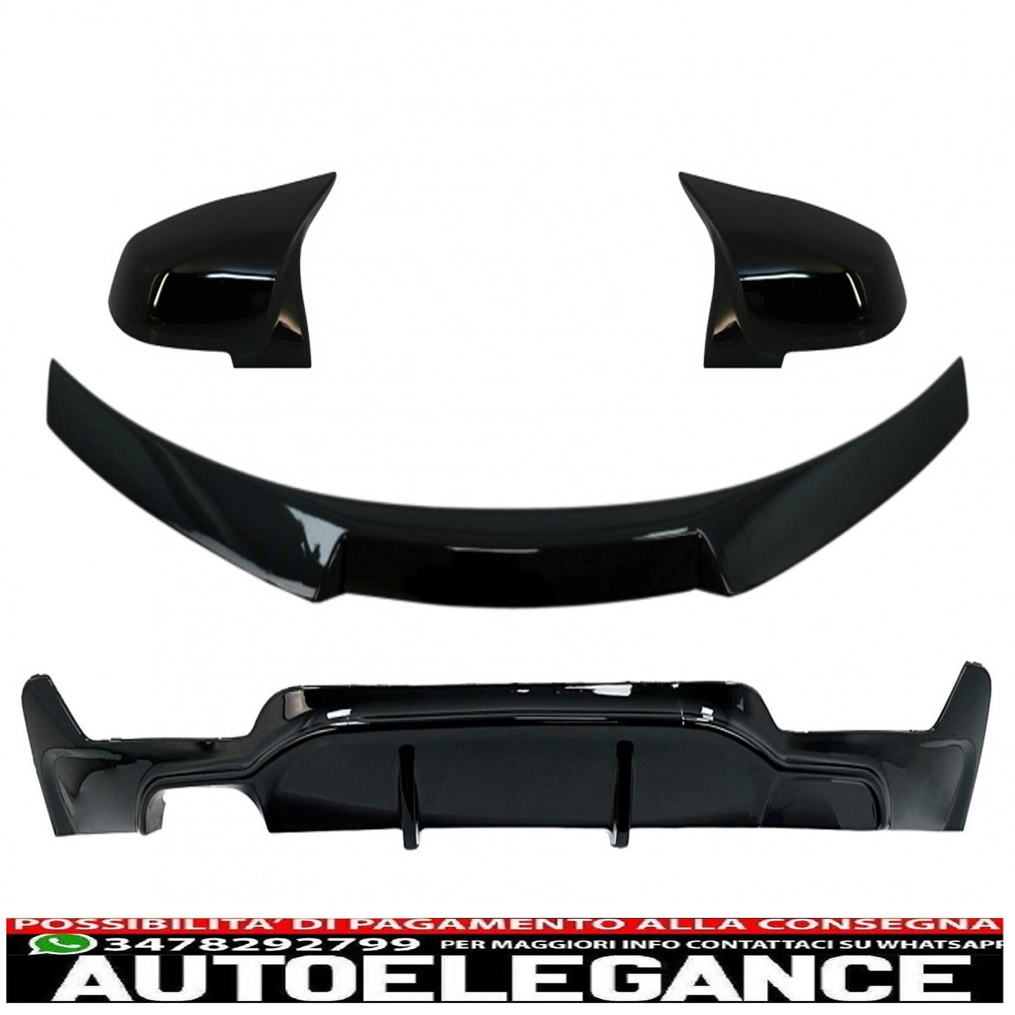 Left Rear Diffuser Double Outlet with Boot Spoiler and Mirror Covers Suitable for BMW 4 Series Coupe F32 (2013-up) M4 CSL M Performance Design Piano Black 
