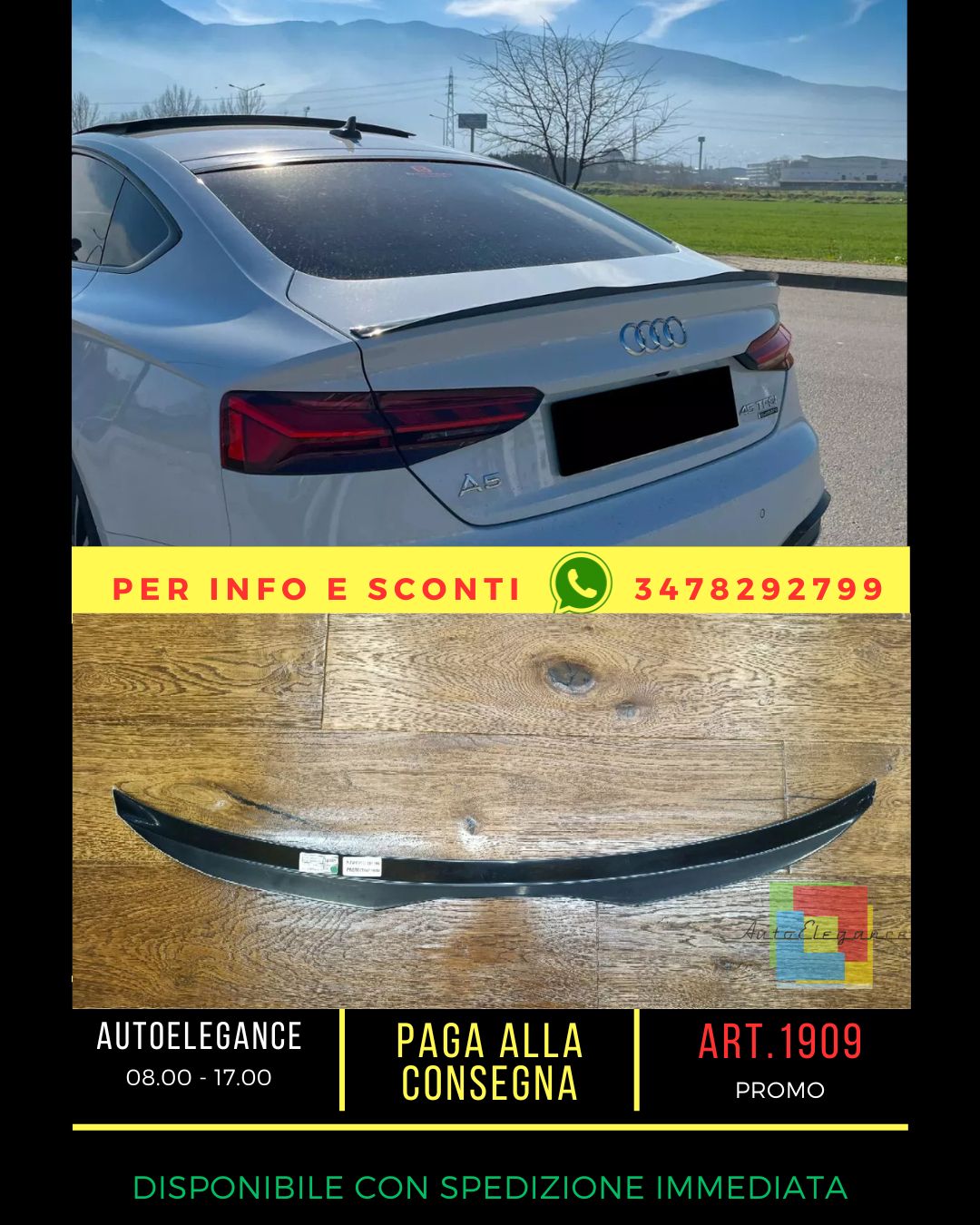 🔥1909 SPOILER PER AUDI A5 F5 2016+ SPORTBACK SLINE NERO LUCIDO (ALA)🔥