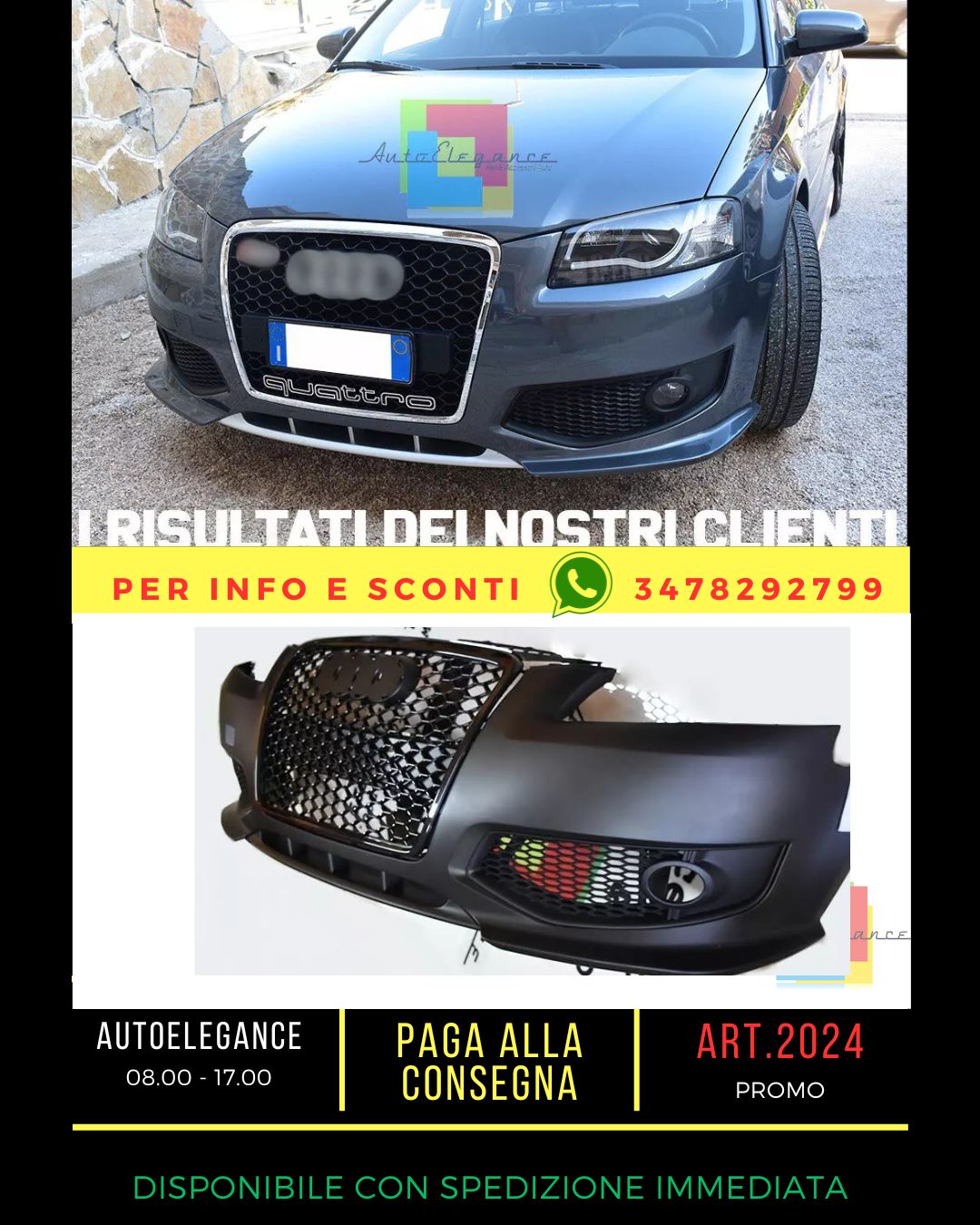 ⭐PARAURTI RS3 ANTERIORE ADDATO PER AUDI A3 8P 2005-2008 LOOK RS3⭐