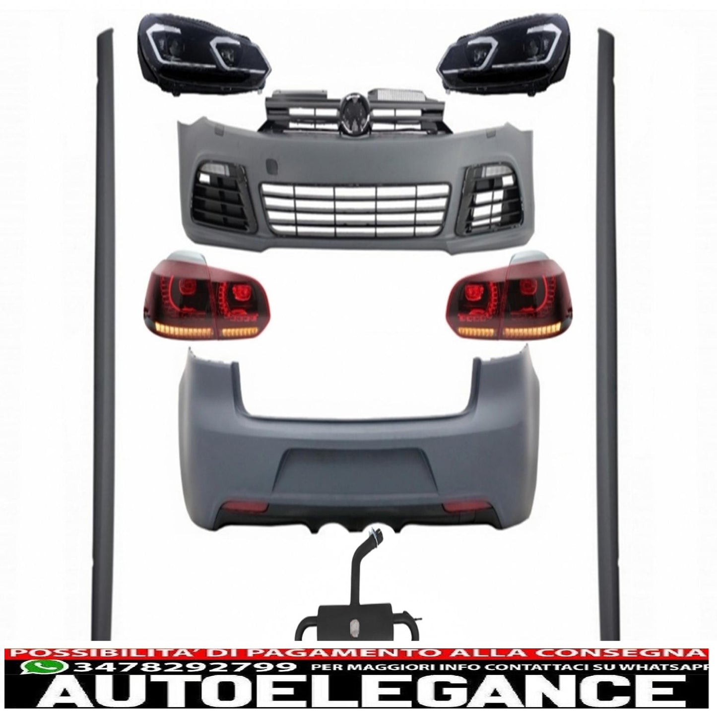 complete body kit suitable for vw golf vi 6 mk6 (2008-2013) r20 design with led headlights and rear lights dynamic cornering light + full exhaust system 