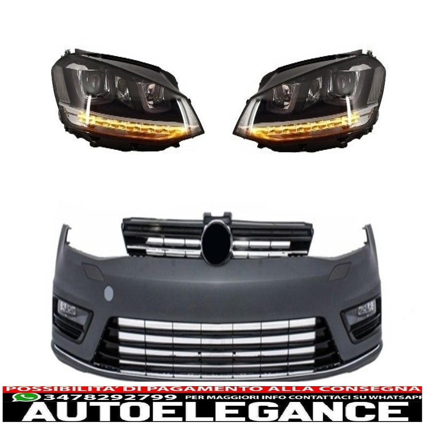 paraurti anteriore adatto per vw golf vii 7 2013-2017 rline look con fari 3d led drl luci di svolta argento