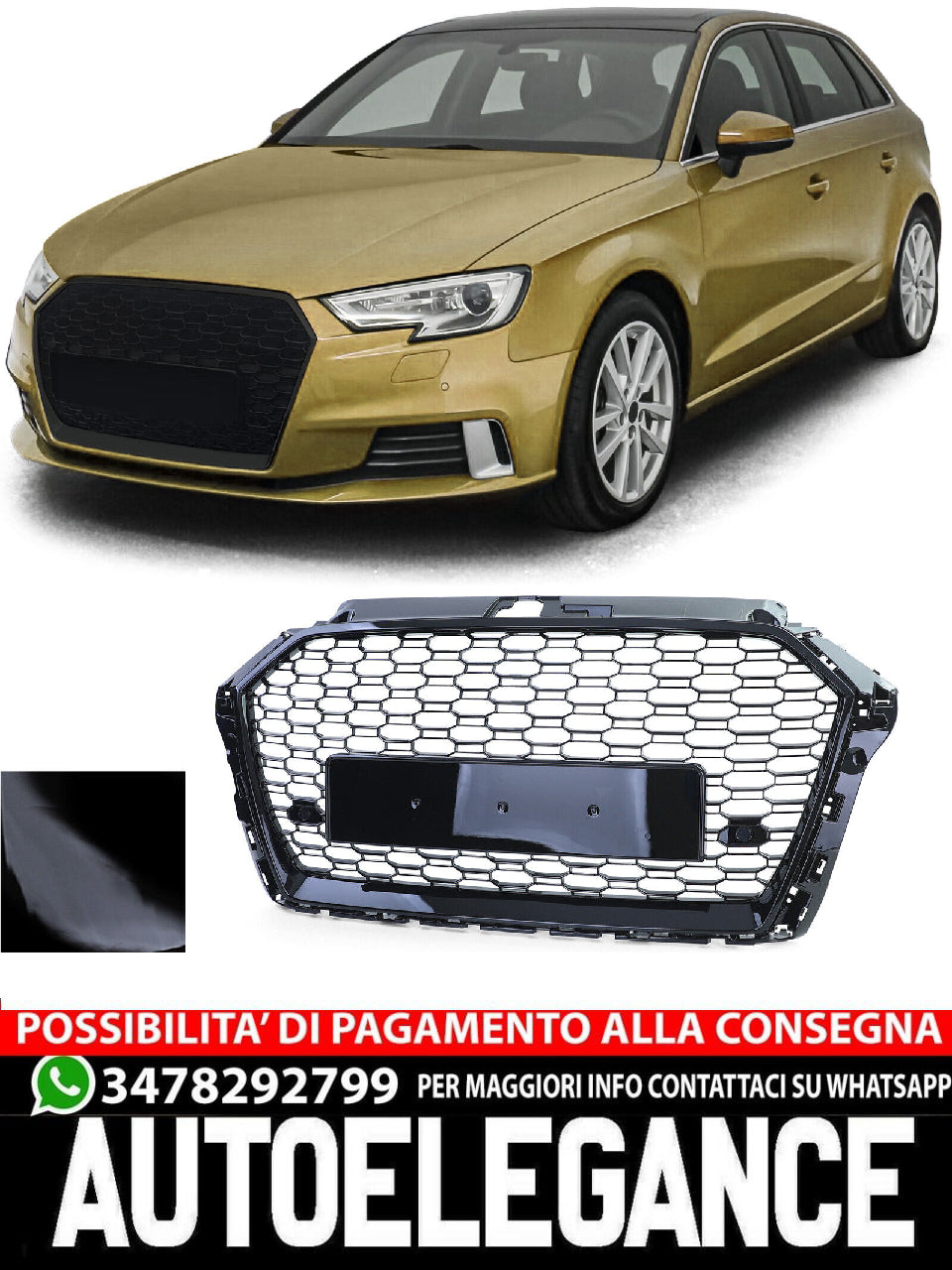 Griglia Sportiva Griglia A Nido D'ape Nero Lucido compatibile Per Audi A3 8V 16-20 Senza ACC