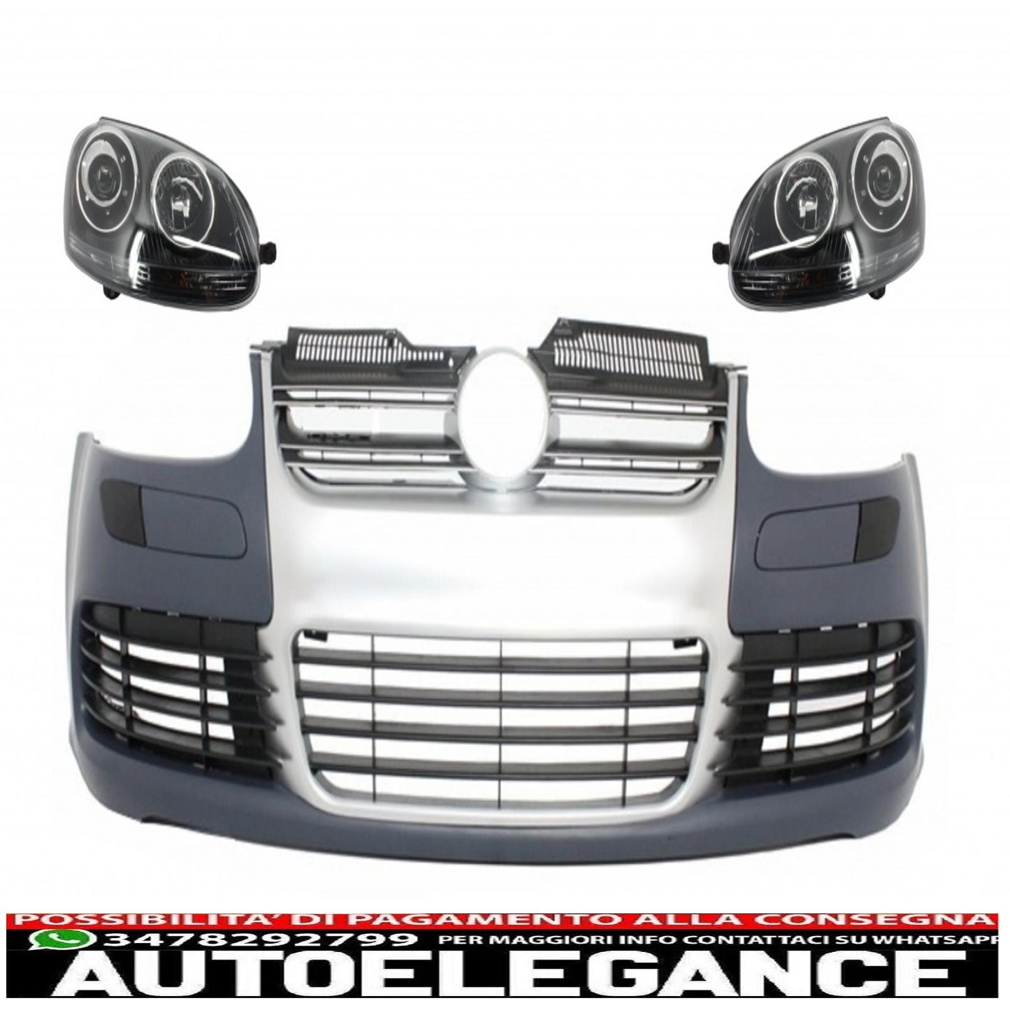 Front bumper with headlights suitable for vw golf v 5 (2003-2007) jetta (2005-2010) grille r32 brushed aluminum look