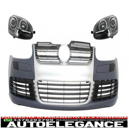 Front bumper with headlights suitable for vw golf v 5 (2003-2007) jetta (2005-2010) grille r32 brushed aluminum look