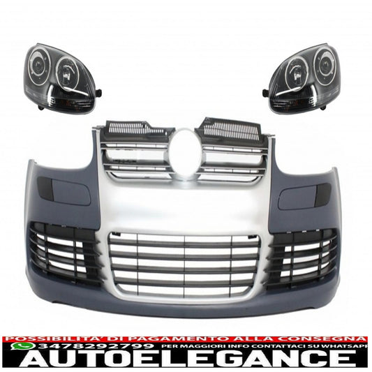 Paraurti anteriore con fari adatto per vw golf v 5 (2003-2007) jetta (2005-2010) griglia r32 look alluminio spazzolato