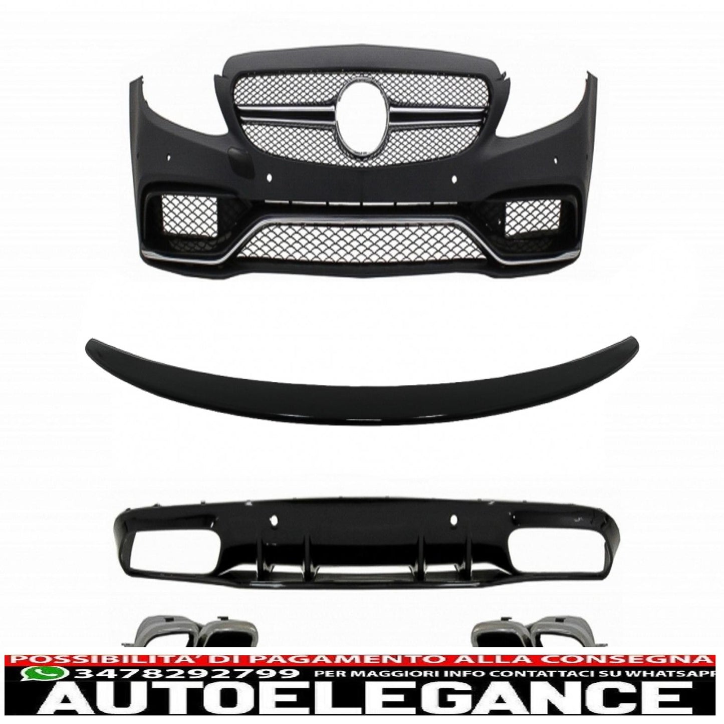 Front bumper suitable for mercedes c class c205 a205 coupe cabriolet (2014-2019) with rear bumper valance diffuser and boot spoiler design c63s with silver tips