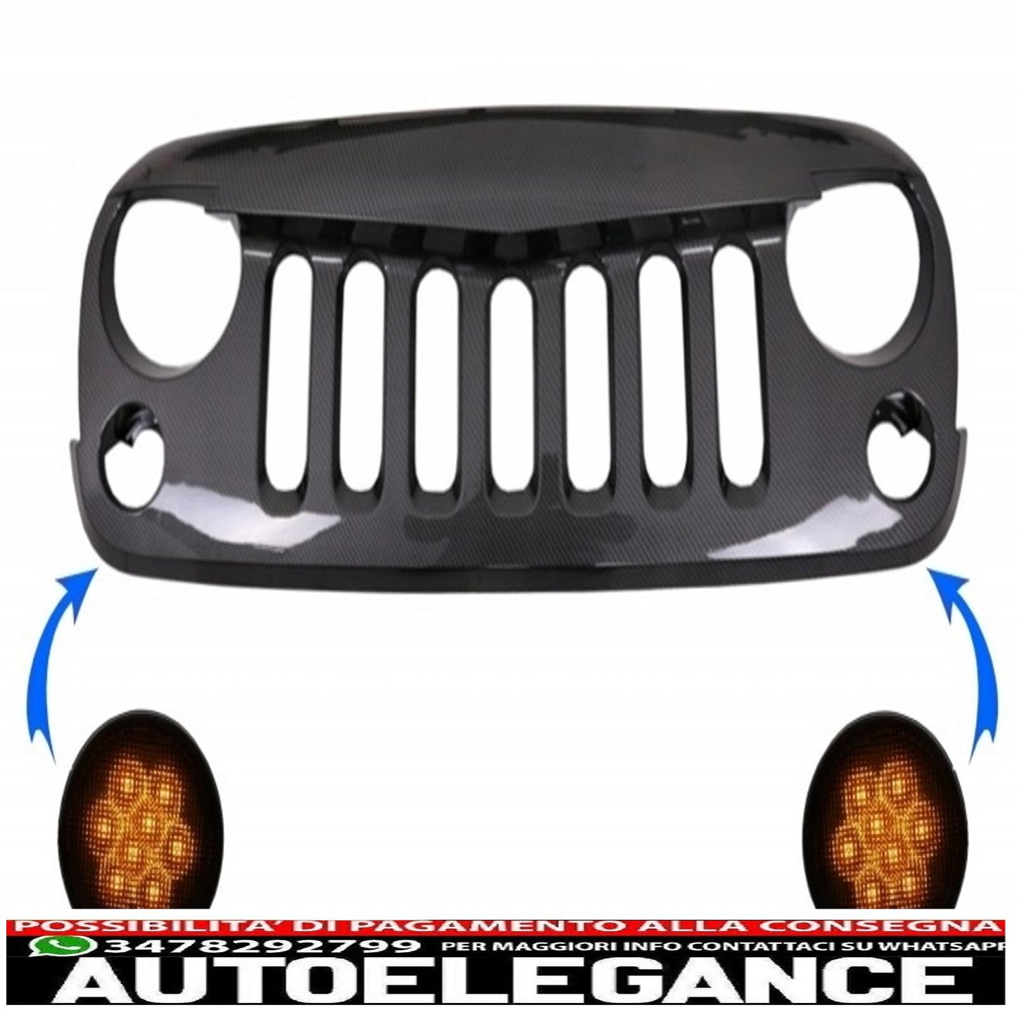 griglia anteriore centrale con indicatori di direzione a led color ambra adatta per Jeep Wrangler / Rubicon JK (2007-2017) design Angry Bird rivestita con pellicola di carbonio lucida