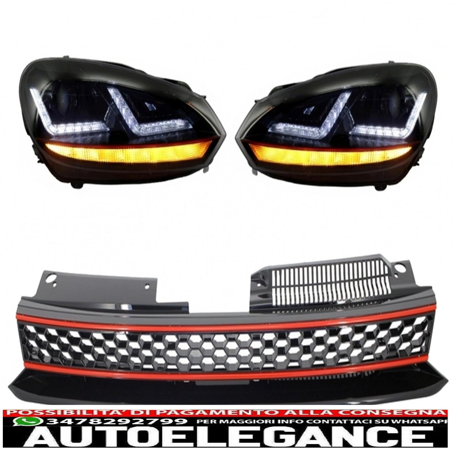 Badgeless Honeycomb Grille with Osram Xenon Headlights Dynamic Sequential LED Turning Lights GTI Design Fit for VW Golf 6 Vi 2008-2012. 